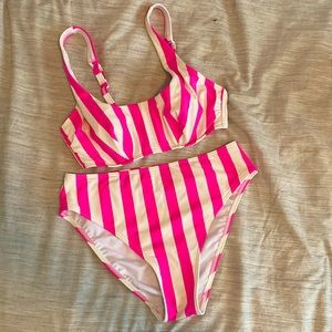 Figleaves Swim High Waisted Bikini.  Adjustable straps, pink and white striped